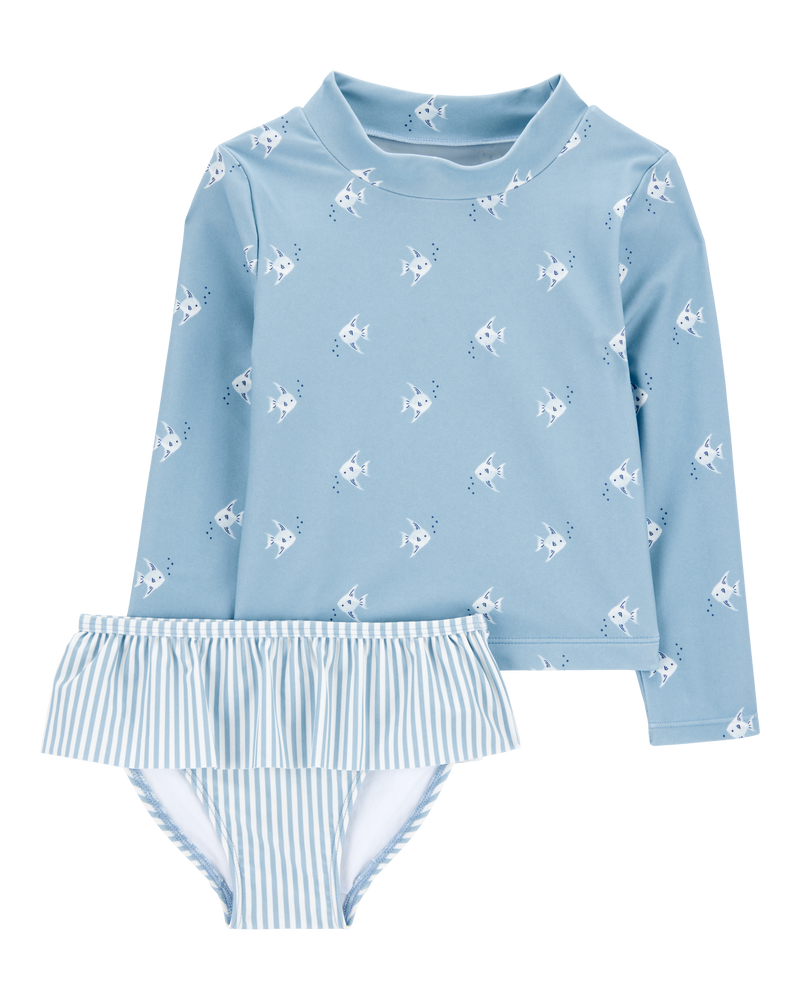 Toddler Girl 2-Piece Shell Striped Long-Sleeve Rashguard Swim Set - Blue